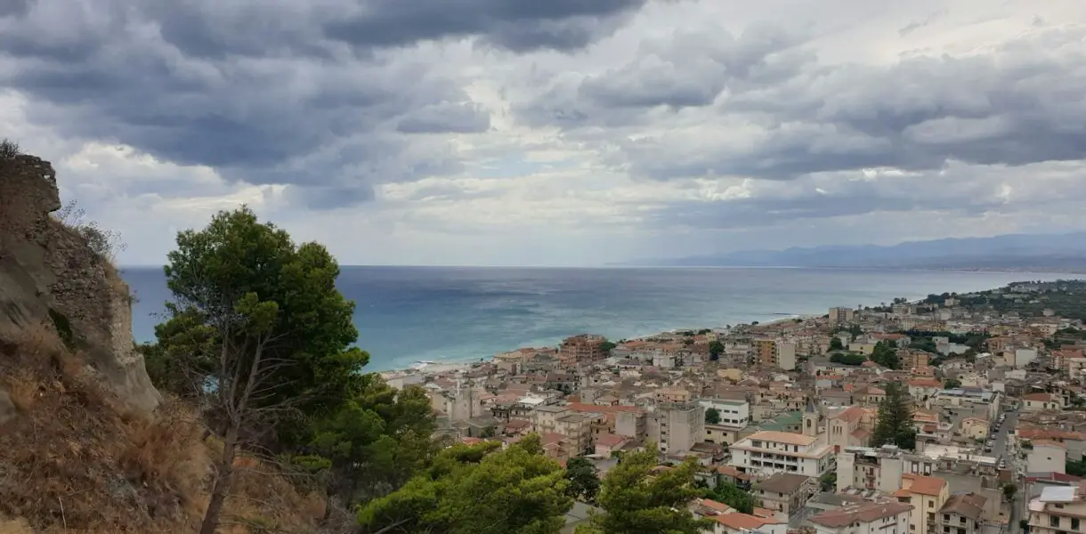 a view of a city and the ocean from a hill