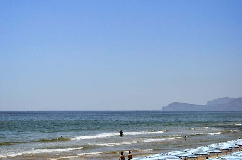a beach with many umbrellas